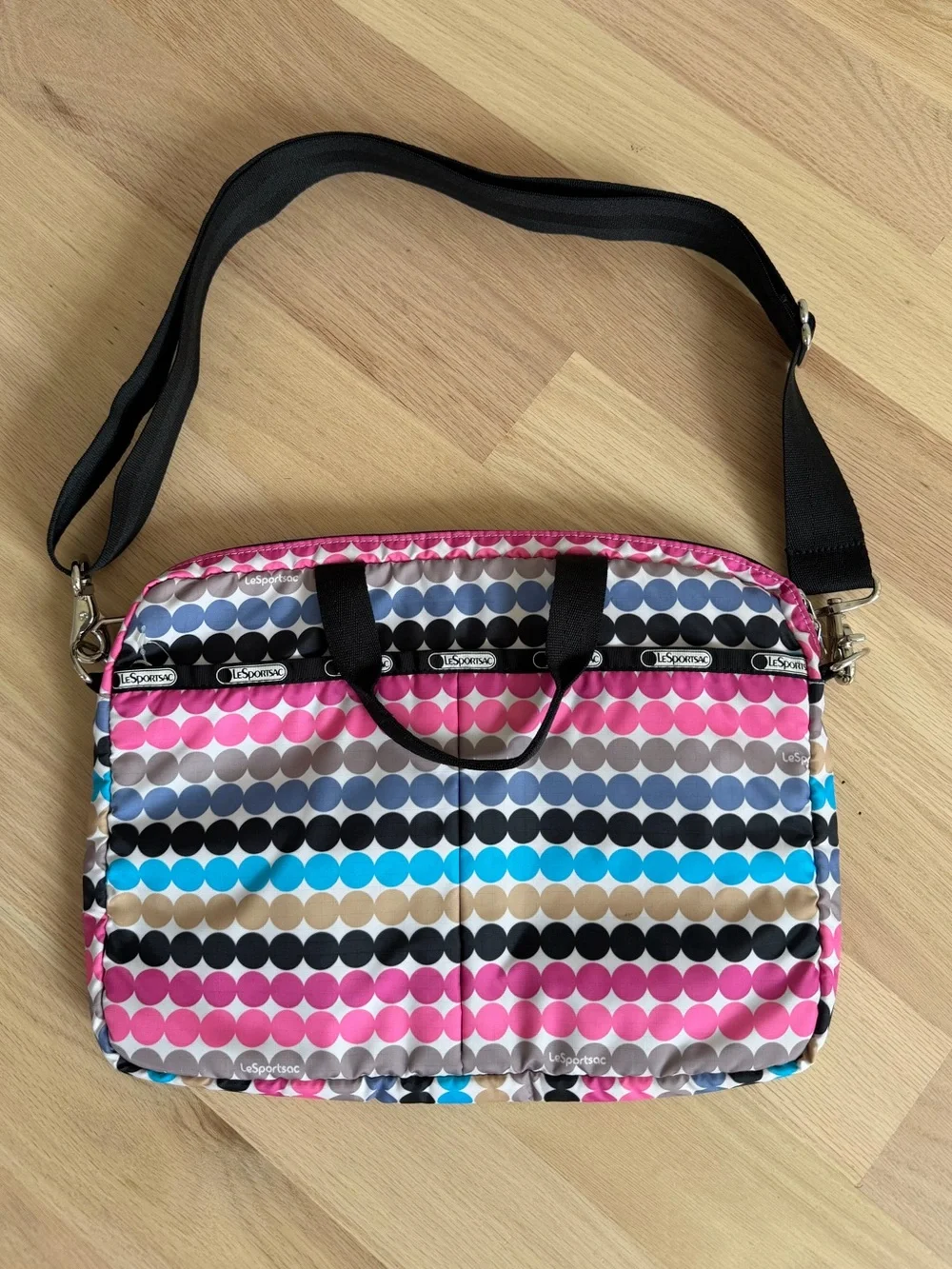 LeSportsac padded laptop messenger bag multi-colored horizontal polka dot NWOT